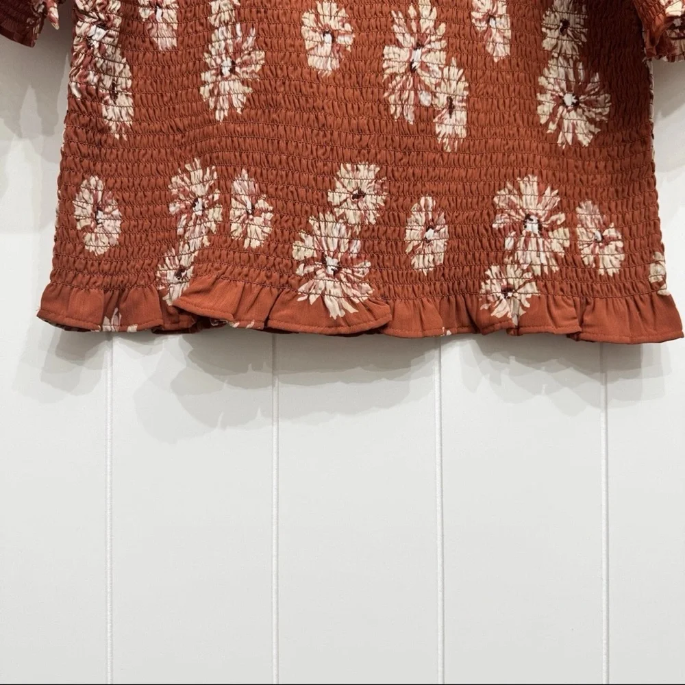 Madewell Georgette Lucie Puff Sleeve Smocked Top Rust Floral Square Neck Size M